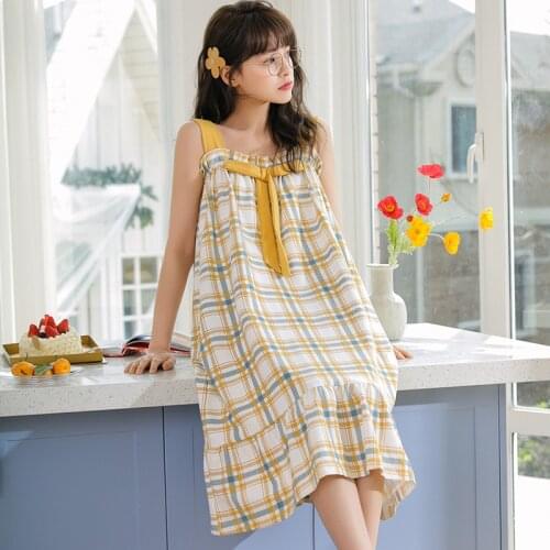 Summer Sleeveless Cotton Nightgown Women Lattice Sleep Dress Loose Casual Cute Suspender Nightdress Sexy Homewear Soft