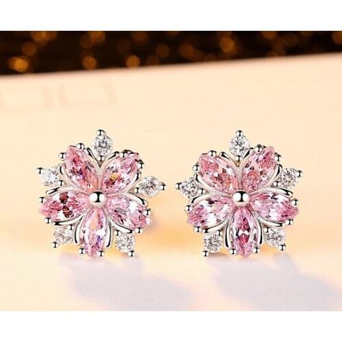 Cute Pink Diamond Snowflake Earrings Crystal Flower Wedding Jewelry Boho Small Sakura Cherry Blossom Stud Earrings for Women