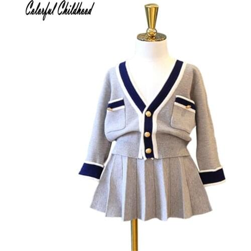 Fashion Toddler Baby Kids Girls Clothes Sets Spring Autumn Long Sleeve Strip Knitted Cardigan Jacket With Pleated Skirt Suits