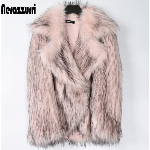 Nerazzurri Winter pink oversized faux fur jacket women lapel Warm thick loose fluffy fake fox fur coat for women 2020 fashion