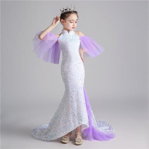Flower Girl Dresses Luxury Off The Shoulder High Short Princess Floor-Length Tulle Lace Sequined Trumpet Kids Party Gown H271