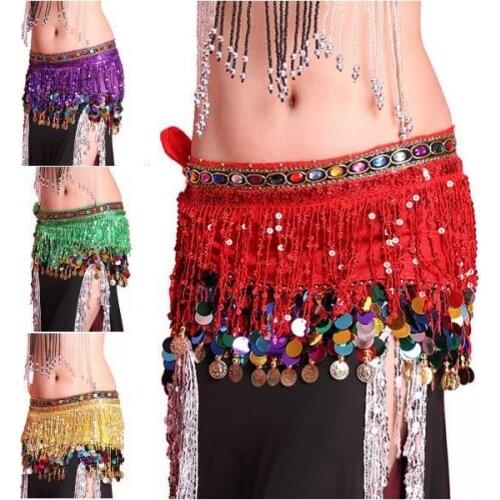 Hot TOP Multi Color Chiffon Belly Dance Hip Scarf Coin Sequin Belt Skirt Tassel Hip Wrap Super Girl New New