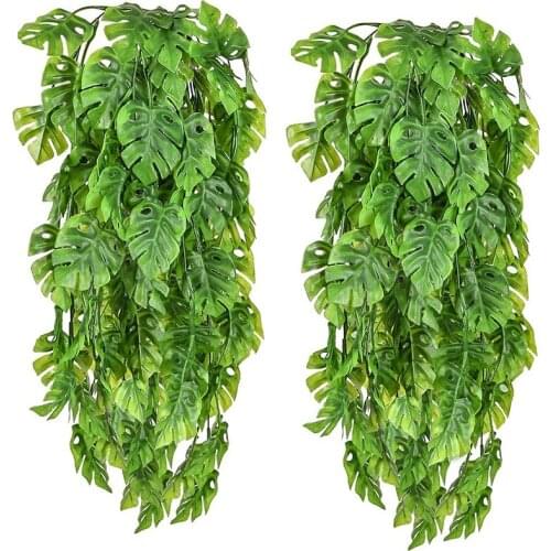 Practical 2 PCS Artificial Hanging Plants Fake Vine Fake Hanging Rattan Monstera Leaves Greeny Outdoor UV Resistant Plants Green