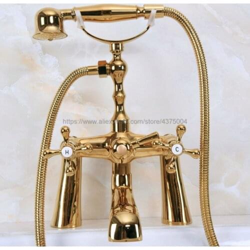 Luxury Polished Gold Brass Clawfoot Bathtub Faucet telephone style Bath Shower Water Mixer tap with Handshower Nna151
