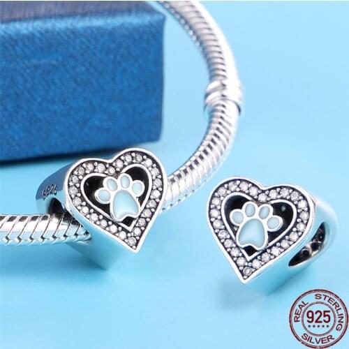 Heart-Shaped Charm Pet Palm Pattern 925 Sterling Silver Fit Original 3mm Bracelet&Bangle Making Fashion DIY Jewelry For Women