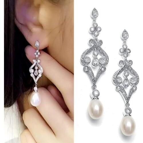 SLBRIDAL Vintage CZ Crystals Ivory Pearl AAA Grade Fashion Cubic Zirconia Earring Wedding Dangle Pearls Earrings Bridal Earring