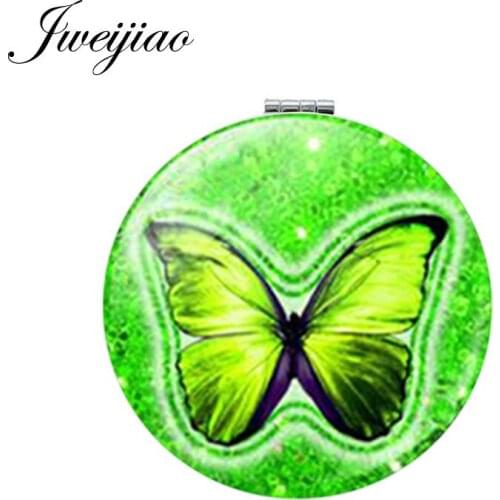 Youhaken Green Art Photo Mini Makeup Mirror Round Folding Compact Pocket Mirror 1X/2X Magnifying Portable Beauty Butterfly Gift