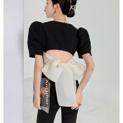 ZCSMLL Puff Sleeve Shirt Womens Summer 2021 Design Halter Bow Bow Waist Korean Fashion Back Hollow Out Female Blouse