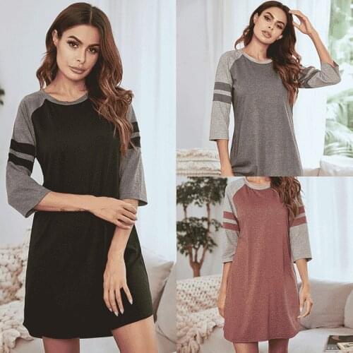 Women Pajamas Solid Color Nightdress Stripe Stitching Half Sleeve Round-neck Nightgown Sexy Casual Home Colthing Soft Breathable