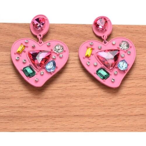 2021 New ZA Pink Heart Shape Earrings For Women Inlay Fashion Luxury Glass Crystal Large Earrings Korean Jewelry