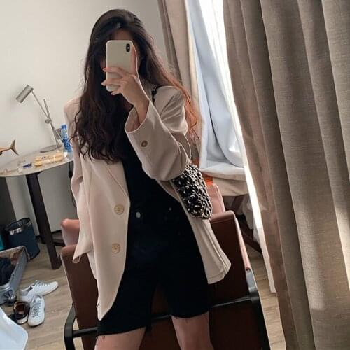 Korean Women Mid-length Beige Blazer Spring Autumn 2021 Loose Single-breasted Notched Collar Long Sleeve Casual Ladies Suit Coat