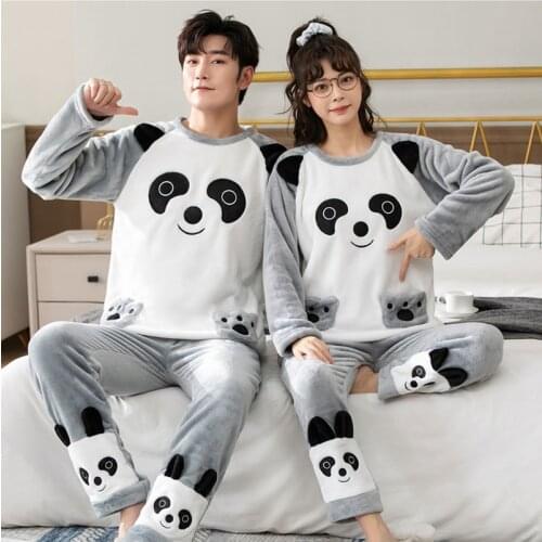 2021 Winter Long Sleeve Couple Thick Warm Flannel Pajama Sets for Men Cute Cartoon Sleepwear Pyjamas Women Homewear Home Clothes