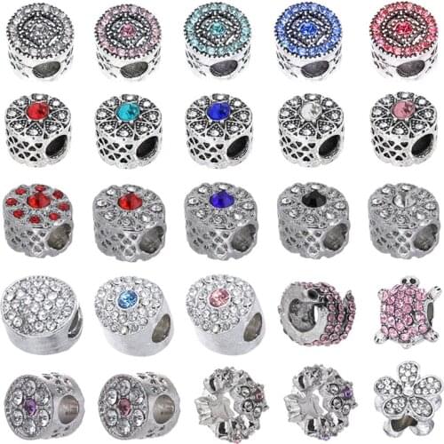 2Pcs/Lot Silver Plated Crystal Round Shape Charm Beads Fit European Style Brand Bracelets For Women Fashion Jewelry Gift