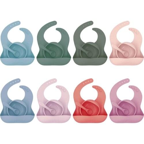 3 Pcs Solid Colour Baby Silicone Bowl Toddler Feeding Bowl with Bib Spoon Portable Infant Dishes Kids Tableware Set Baby