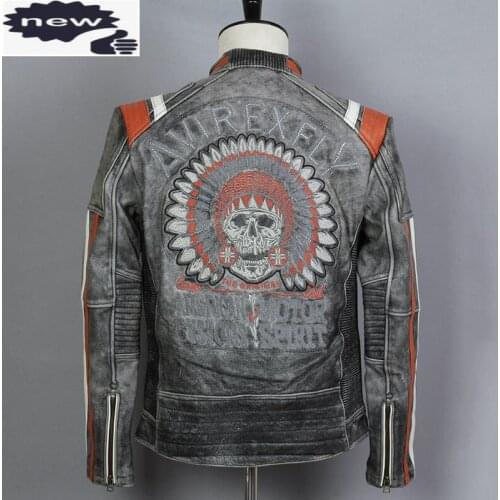 AVIREX FLY Fashion Mens Vintage Genuine Motorcycle Slim Fit Skull Leather Men Black Biker Jacket