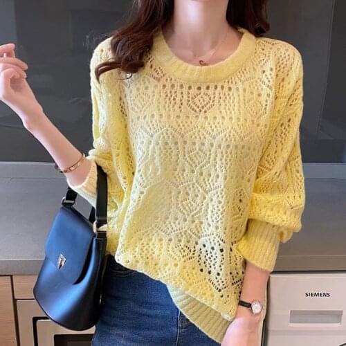 Hollow Out Summer Loose Knitted Pullover Tops Fashion Thin Cool Pull Jumpers Yellow O-neck Mesh Tops Ladies Mesh Shirt