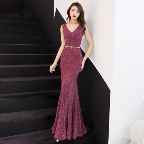 Weiyin Evening Dress Long Sparkle 2021 New V-Neck Women Elegant Sequin Mermaid Evening Party Gown Dress WY977