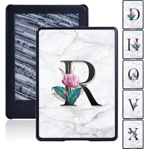 For Kindle Paperwhite 1/2/3/4/Kindle 8th Gen 2016/10th Gen 2019 Anti-fall White Marble Letter Pattern Tablet Back Shell+Stylus