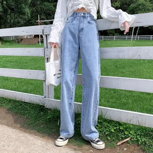 Ins straight high waist jeans womens autumn and summer new loose adjustable wide leg mop trousers tide