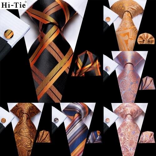 Hi-Tie Mens Necktie Luxury Black Orange Striped Silk Wedding Tie For Men Hanky Cufflink Gift Tie Set Business Party Dropshipping