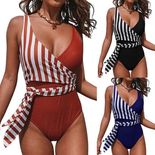 Patchwork Striped One Piece Swimsuit Women Female Swimwear V-Neck Sleeveless Bathing Suit for Summer Red/Black/Blue S/M/L/XL