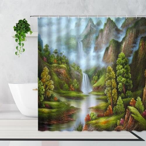 Oil Painting Scenery Shower Curtain Mountain Water Forest Waterfall Landscape Home Decoration Background Bathroom Bath Curtains