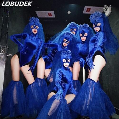 Nightclub Women Leotard Stage Wear Blue Crystal Mask Bodysuit Sexy Backless Costume Bar Party Show Dance Outfit Performance Wear