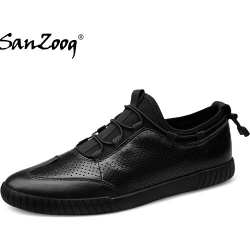 Spring Autumn Black Flat Mens Genuine Leather Sneakers Casual Shoes Fashion Elastic Band Plus Big Size 48s For Dropshipping