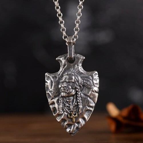 MAYONE 925 Thai Silver Retro Indian Eagle Shield Tribal Legend Old Chief Mens Pendant
