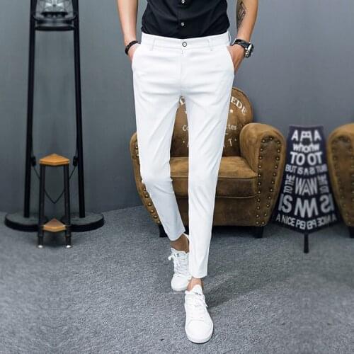 Men Summer Pants White Black Ankle Length Casual Slim Fit Pants Man 2020 Korean Style Clothing Summer Thin Solid Trousers Male