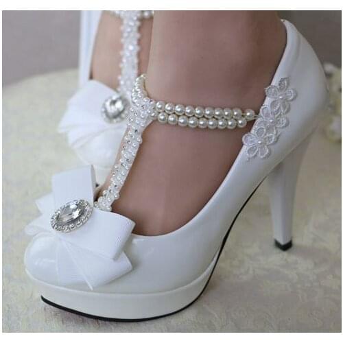 Newest design women white wedding shoe bow beading pearl strap delicate 100% handmade low high heels proms dress shoe