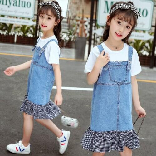 2018 new big girl summer clothing set white short sleeve T-shirt+denim dress,girls kids casual dresses suits outfit 4-14T