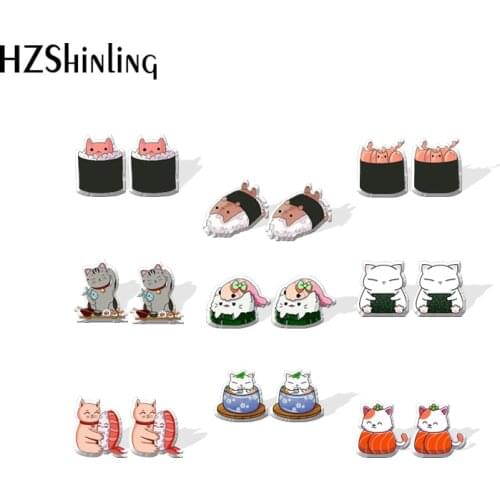2021 New Cat Sushi Stud Earring Cute Food Acrylic Resin Earrings Epoxy Handmade Jewelry Gifts Girl