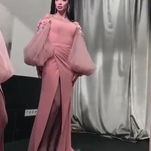 Pink prom dresses 2019 off the shoulder hand made flowers front slit satin long sleeve evening dresses arabic