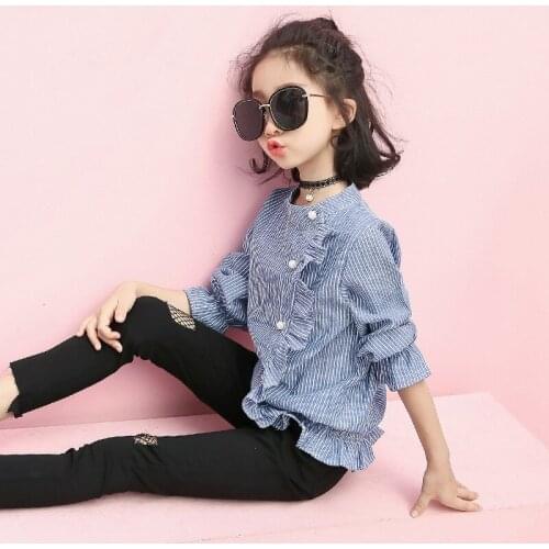 Autumn Style New Girl Blue and White Striped Long Sleeve Shirt with Long Sleeve Shirt 4-12 Ages