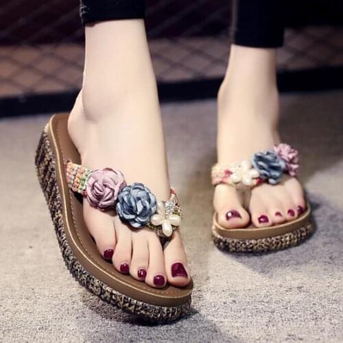 Summer Flower Sandals Fish Mouth Women Sandals slippers Retro High Heels platform shoes Woman Buckle Shoe Beach flip flops b86