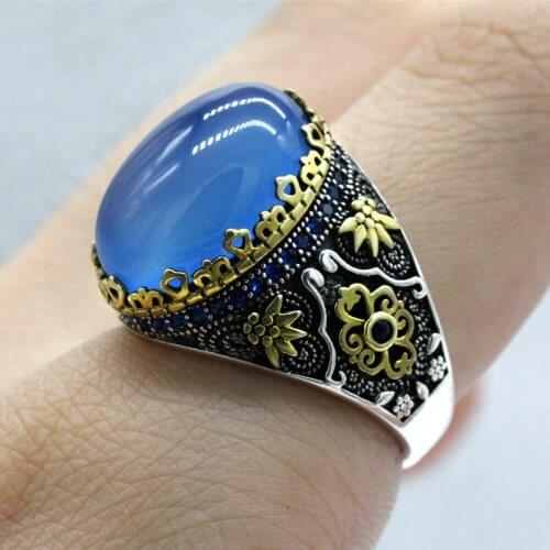 Brand New 925 Sterling Silver Mens Natural Agate Ring, Vintage Engraving Design, With Blue CZ Zircon Punk Rock Male Ring T