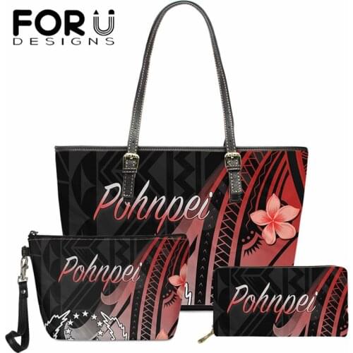 FORUDESIGNS Women Bags Set 2Pcs Leather Handbag Pohnpei Polynesian Hawaii Plumeria Ladies Shoulder Bag for Women 2021 Sac a Main
