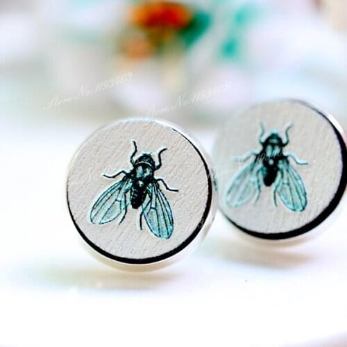 Unique 3D Fly Embossed 16mm Round Coloured Drawing pattern Laser Cut wood Cabochon DIY for Rings, Earring,Brooch,Necklace