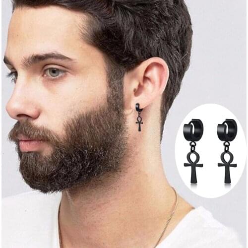 Drop Cross Earring Mens Egyptian Ankh Michael Hang Dangle Earrings Black Stainless Steel Male Punk Jewelry