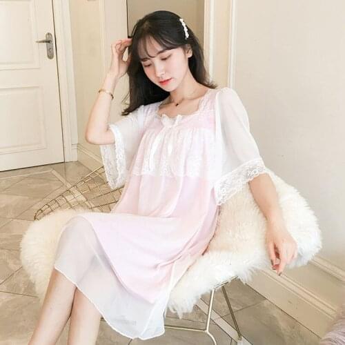 Pink Womens Vintage Palace Style Nightdress Lace Sweet Nightgowns Elegant Negligee Lolita Sleepwear Summer Lounge Nighty