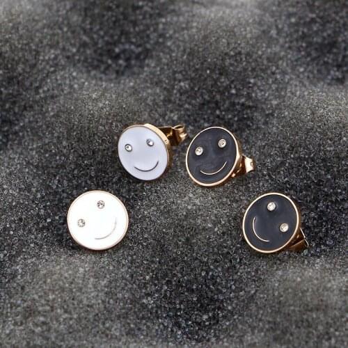 Martick Lovely Cute Round Smile Face Stud Earrings Black/White Drop Oil Rose Gold Color Earrings For Woman Fashion Jewelry E8
