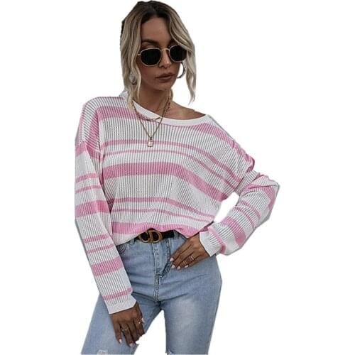 Long-sleeved Pink Striped Sweater Women Geometric Khaki Knitted Casual Houndstooth Lady Pullover O-neck Top