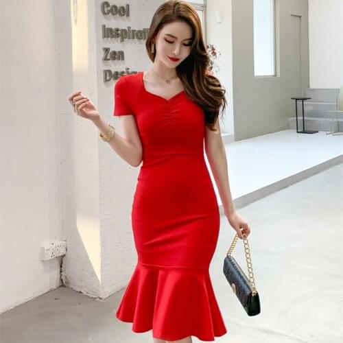 2021 Summer Elegant Office High-end Sexy Party Dresses Women Short Sleeve V Neck Vintage Bodycon Vestidos Bandage Mermaid Dress