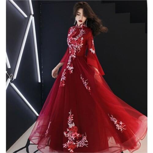 Its YiiYa Evening Dress 2019 Floral Embroid Tulle Women Party Dress Standing Collar Long Sleeve Robe de Soiree Plus Size E476