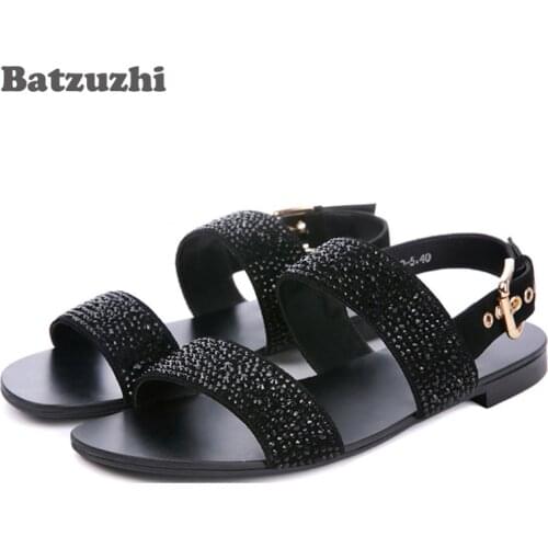 2020 Fashion Mens Sandal Shoes Summer Leather Shoes Men Black/Golden Rhinestones Gladiator Beach/Party Sandals Men, US6-US12