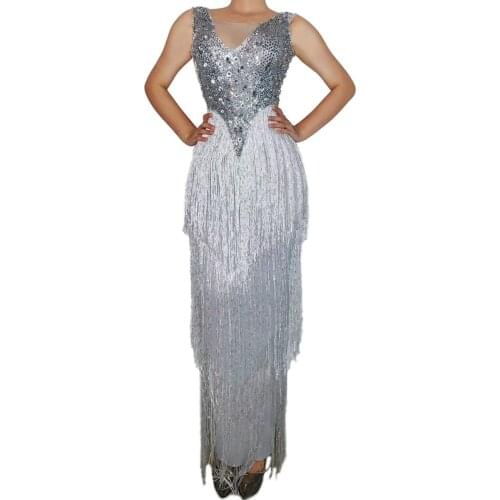 Sparkly Silver Rhinestones Long Tassel Dress Women Birthday Celebrate Evening Party Dresses Singer Stage Performance Costume