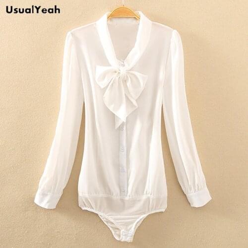 UsualYeah Women OL Body Blouse Shirt Elegant Bow Office Chiffon Long sleeve Blouses White Black Blue blusas SY0371