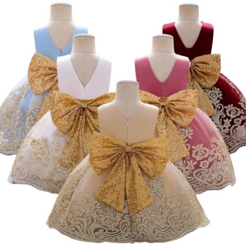 Golden Sequin Baby Christening Gowns Tulle Princess Dress Event Party Wear 1 Year Baby Girl Birthday Dresses Infant Baptism Gown