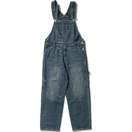 2021 American Retro Jeans Men Woman Overalls Bib Denim Jumpsuits Loose Straight Paint Spot Street Hip Hop Pants Blue Trousers